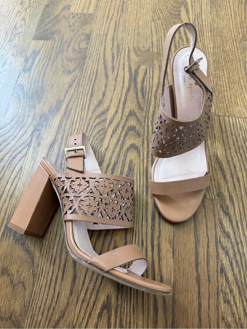 kate spade new york Tan Laser-Cut Leather Chunky Heel Sandals, size 7.5